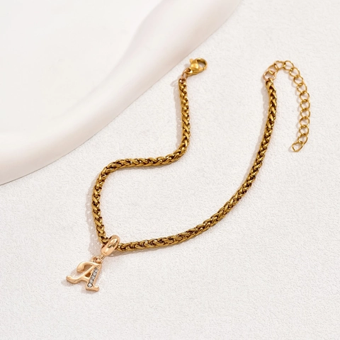 Bracciale da Donna di Moda Europea in Acciaio Inossidabile Con Ciondolo a Lettera di Strass Catena a Grano Oro Argento