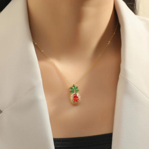 Fashion Copper Zirconia Fruit Pendant Necklace For Women Dainty Pineapple Carrot V-Shape Geometric Gold Silver Plated Jewelry