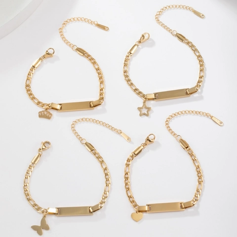 Stainless Steel Figaro Chain ID Bracelet With Blank Rectangular Plate Heart Butterfly Star Crown Charms Jewelry For Women
