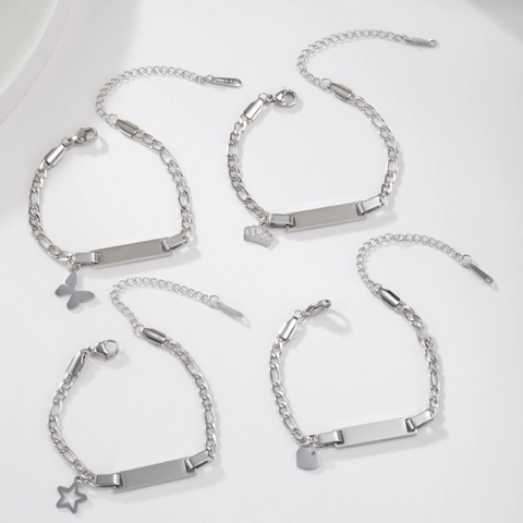 Stainless Steel Figaro Chain ID Bracelet With Blank Rectangular Plate Heart Butterfly Star Crown Charms Jewelry For Women