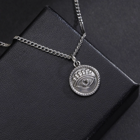Vintage Stainless Steel Evil Eye Pendant Necklace Silver Round Coin Sunburst Medallion O-Chain Necklace For Women Jewelry