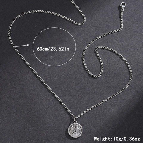 Vintage Stainless Steel Evil Eye Pendant Necklace Silver Round Coin Sunburst Medallion O-Chain Necklace For Women Jewelry