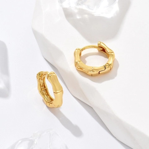 Vintage Copper Real Gold Plated Bamboo Joint Heart Linked Twisted Hoop Earrings Round Rhinestone Stud Jewelry For Women