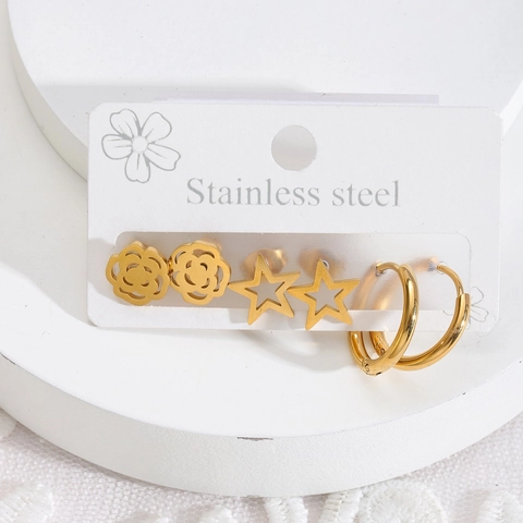 Lot de 3 Paires de Boucles d'Oreilles en Acier Inoxydable Plaqué Or pour Femmes Boucles d'Oreilles Puces et Créoles Étoile Fleur Papillon Cœur Strass