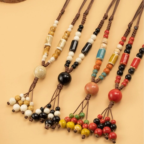 Handgemaakte Boheemse Keramiek Kralen Ketting met Kwastje voor Dames Retro Etnische Stijl Lange Truiketting Vintage Sieraden