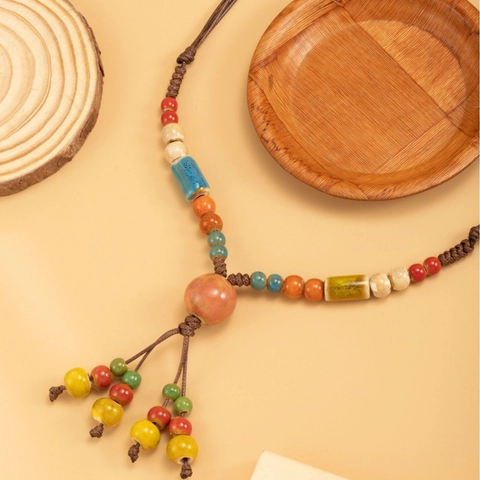 Handgemaakte Boheemse Keramiek Kralen Ketting met Kwastje voor Dames Retro Etnische Stijl Lange Truiketting Vintage Sieraden
