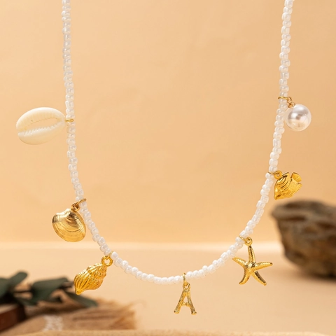 Ocean Themed Stainless Steel Letter Artificial Pearl Shell Beaded Necklace For Women Summer Beach Vacation Jewelry Gift