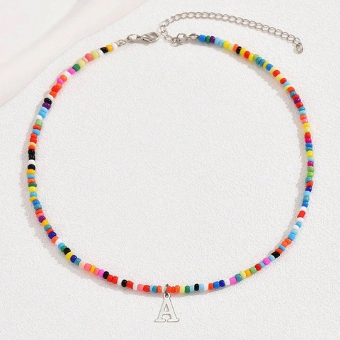 Collana in Acciaio Inossidabile con Pendente Iniziale e Perline Colorate per Donna Choker Arcobaleno Gioielli Minimalisti