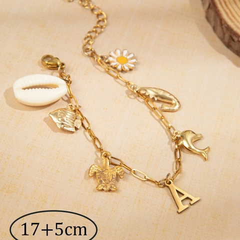 Roestvrij Staal Goud Oceaan Thema Armband Voor Dames Met Schelp Schildpad Dolfijn Madeliefje En Initiaal Letter Hangers