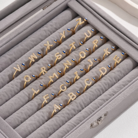 Anello Aperto Regolabile Lettera Iniziale Malocchio Rame Zirconia Placcato Oro Argento Gioielli Donna Regalo Personalizzato