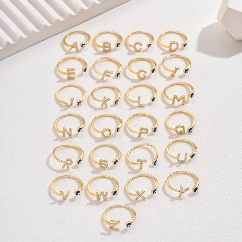 Anello Aperto Regolabile Lettera Iniziale Malocchio Rame Zirconia Placcato Oro Argento Gioielli Donna Regalo Personalizzato