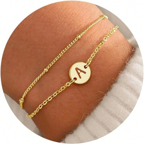 Bracciale a Doppio Strato in Acciaio Inossidabile con Lettera Iniziale per Donna Gioielli di Moda con Ciondolo a Disco