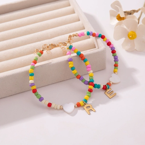 Boheems Kleurrijke Kralen Armband Beginletter Hart Hanger Dames Gepersonaliseerde Sieraden Roestvrij Staal Hanger Verstelbaar