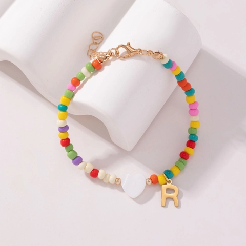 Boheems Kleurrijke Kralen Armband Beginletter Hart Hanger Dames Gepersonaliseerde Sieraden Roestvrij Staal Hanger Verstelbaar