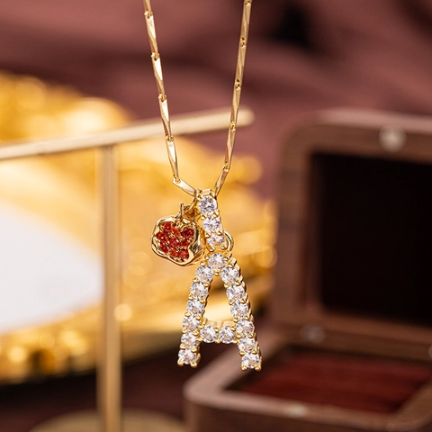 Alphabet Letter Red Apple Pendant Necklace Copper Zirconia Inlaid Luxury Fashion Jewelry Gift For Women Girls Choker Chain