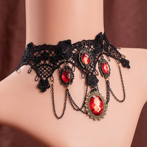 Gothic Black Lace Choker Necklace Red Rose Flower Rhinestone Skull Pendant Retro Victorian Jewelry Set For Women Party