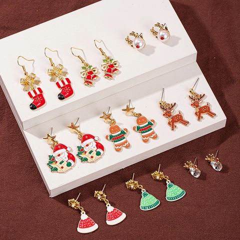 Orecchini di Natale in Lega Set Smalto Babbo Natale Renna Fiocco di Neve Strass Perla Artificiale Gioielli Festivi per Donna Festa Regalo