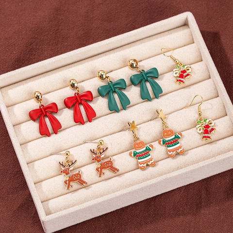 Orecchini di Natale in Lega Set Smalto Babbo Natale Renna Fiocco di Neve Strass Perla Artificiale Gioielli Festivi per Donna Festa Regalo