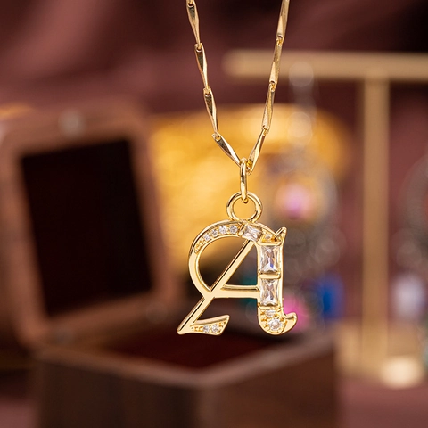 Gold Plated Copper Zirconia 26 Initial Letter Pendant Necklace For Women Gothic Alphabet Melon Seed Chain Jewelry Gift