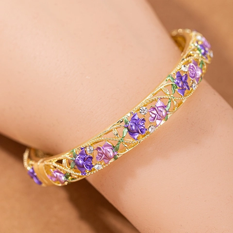 Vintage Alloy Hollow Enamel Flower Bangle For Women Retro Ethnic Style Rhinestone Star Moon Butterfly Bracelet Jewelry