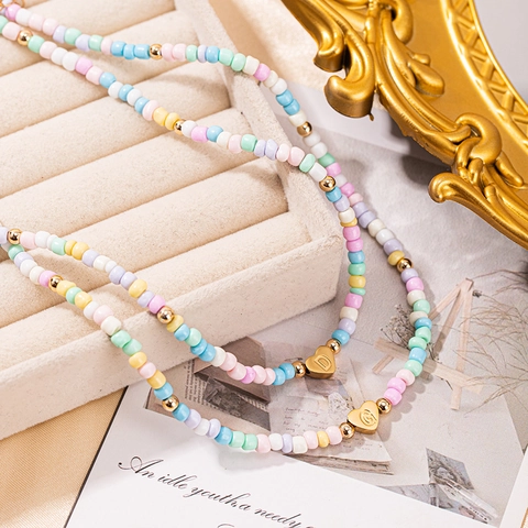 Bohemian Stainless Steel Seed Bead Initial Necklace Rainbow Colorful Heart Letter Pendant Chain For Women Handmade Jewelry