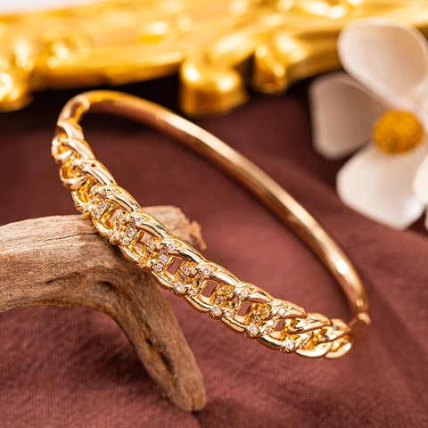 Vintage Luxury Hollow Copper Bangle Bracelet For Women Zirconia Inlaid Gold Silver Plated Geometric Chain Link Design Jewelry