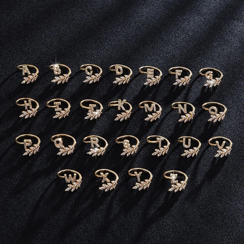Anello Aperto in Rame con Zirconia Lettera A-Z per Donna Regolabile Design Foglia di Spiga di Grano Gioielli Regalo Placcato Oro Argento