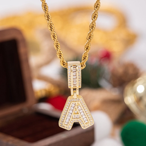 Collana con Pendente a Lettera placcata in Oro per Donna Uomo Hip Hop Rame Zirconia 26 Lettere Iniziali Gioielli Catena Corda
