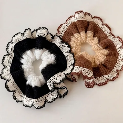 Chouchou en Tricot Fait Main avec Dentelle Couleur Contrastée Attache Cheveux Queue de Cheval Femme Rétro Accessoires Cheveux