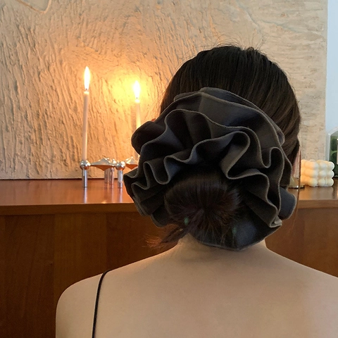 Elastico per Capelli a Pieghe Grande Vintage Marrone Grigio Tessuto Elegante Oversize Accessori per Capelli da Donna