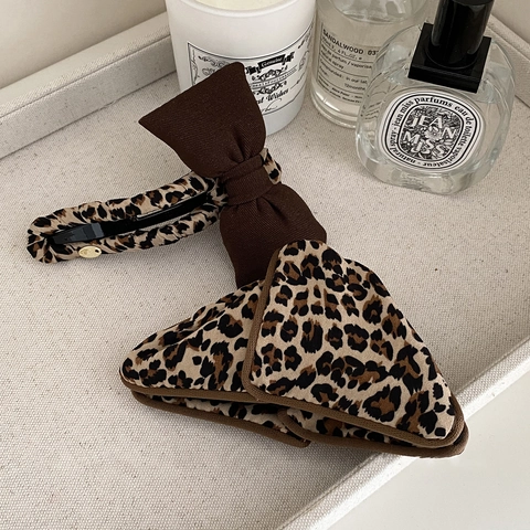 Vintage Leopard Print Bow Banana Clip Triangle Hair Claw Elegant Fabric Hair Accessories For Women Daily Dating Hairpins
