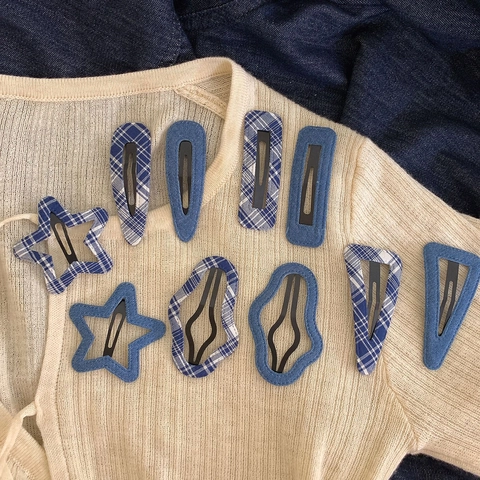 Retro Marineblau Denim Stoff Kariert BB Haarclip Für Damen Geometrisch Stern Dreieck Wassertropfen Süße Seitenpony Haarnadeln