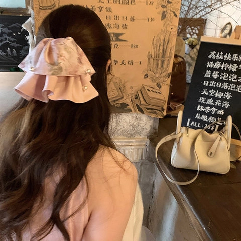 Elegant New Chinese Style Pink Floral Fabric Hair Claw Clip Large Bowknot Hair Accessories With Artificial Pearls For Women