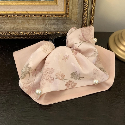 Elegant New Chinese Style Pink Floral Fabric Hair Claw Clip Large Bowknot Hair Accessories With Artificial Pearls For Women