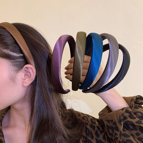 Diadema Acolchada de Satén Francés Vintage Para Mujer Parte Superior Alta Simple Color Sólido Banda Ancha Elegantes Accesorios Pelo
