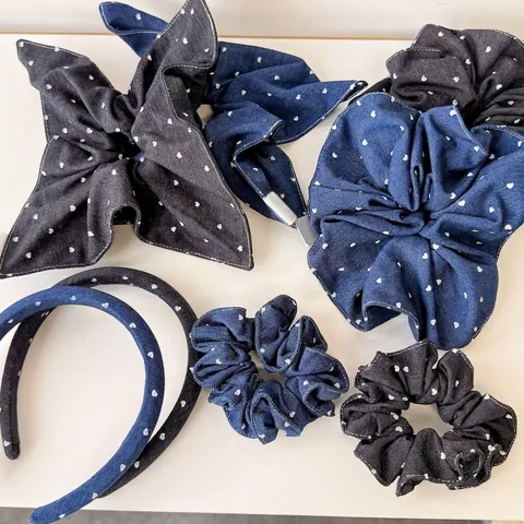 Accesorios para el Cabello Denim Vintage Patrón de Corazón Coletero Jumbo de Tela Hecho a Mano Lazo Simple Diadema Retro para Mujer