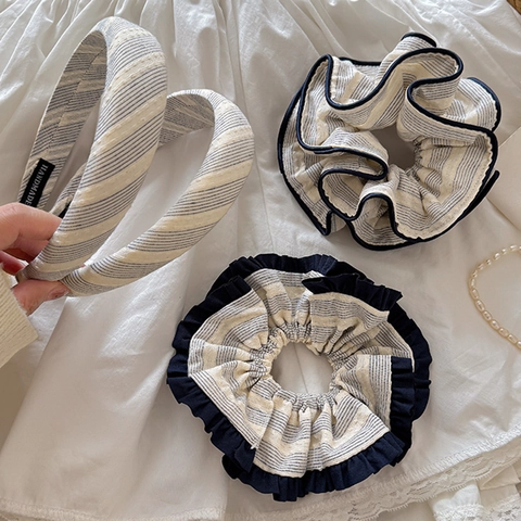 Juego de Accesorios para el Cabello de Tela a Rayas Vintage Coletero con Volantes Minimalista Diadema Artística para Mujer Tocador