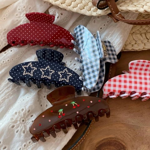 Strass Stern Punktmuster Haarklammer Französischer Vintage Gingham Haargreifer Für Damen Elegante Süße Haar Accessoires