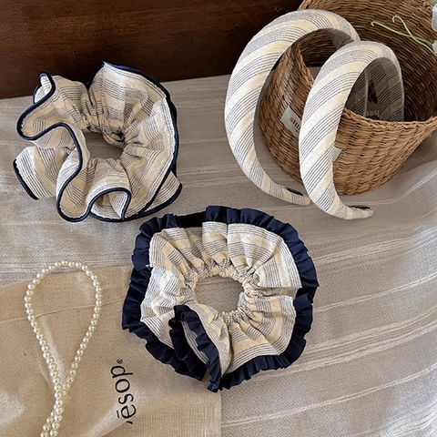 Juego de Accesorios para el Cabello de Tela a Rayas Vintage Coletero con Volantes Minimalista Diadema Artística para Mujer Tocador
