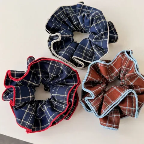 Korean Style Vintage British Plaid Fabric Scrunchies Contrast Color Piping Elastic Large Hair Bands For Women Hair Accessories