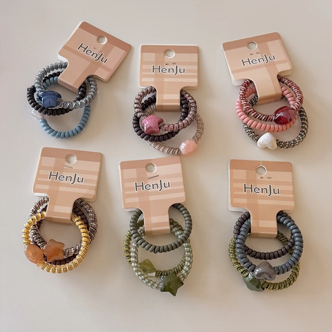 Women Telephone Cord Hair Ties Star Heart Decor Elastic Plastic Spiral Hair Bands Morandi Colors Hair Accessories