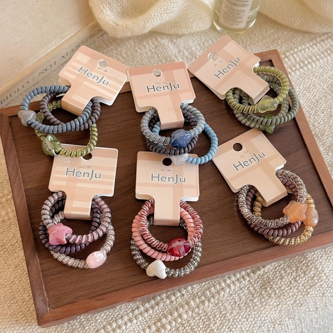 Women Telephone Cord Hair Ties Star Heart Decor Elastic Plastic Spiral Hair Bands Morandi Colors Hair Accessories