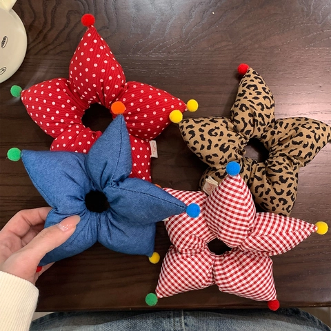 Simpatici Scrunchies in Tessuto a Stella 3D Con Pompon Colorati Design Leopardato Plaid Denim Polka Dot Cerchietti per Capelli Dolce Niche per Donna Ragazza Accessori per lo Styling Quotidiano