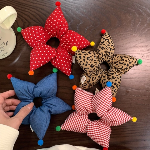 Simpatici Scrunchies in Tessuto a Stella 3D Con Pompon Colorati Design Leopardato Plaid Denim Polka Dot Cerchietti per Capelli Dolce Niche per Donna Ragazza Accessori per lo Styling Quotidiano