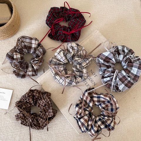 Vintage Plaid Ribbon Bow Scrunchies Women Academic Style Fabric Large Hair Tie Korean Simple Ponytail Holder Hair Accessories
