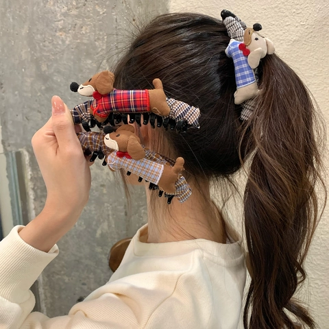 Cartoon Dachshund Dog Banana Clip Plaid Fabric Stuffed Animal Hair Claw Sweet High Ponytail Styling Accessory For Women