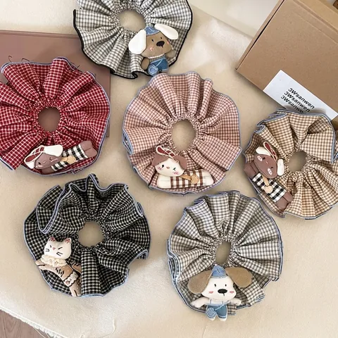 Cartoon Doll Plaid Fabric Scrunchie For Women Cute Animal Puppy Rabbit 3D Stuffed Ornament Hair Tie Elastic Hair Band Accessory