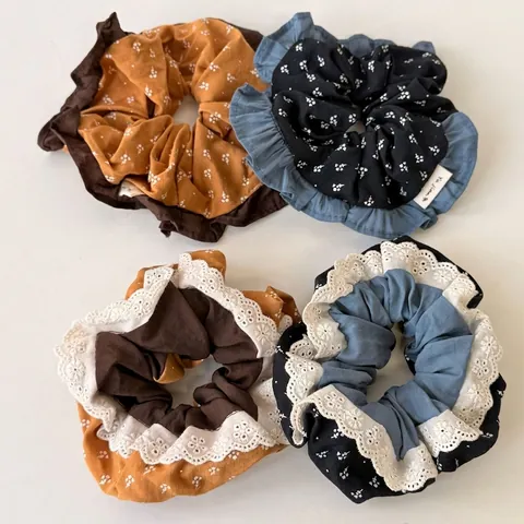 French Retro Floral Fabric Scrunchies For Women Handmade Ruffle Lace Trim Elastic Hair Bands Versatile Hair Accessories
