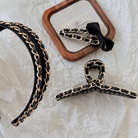 Vintage Hepburn Stil Schwarzes Leder Goldkette Haarschmuck Für Damen Eleganter Metall Haarklammer Haarreif Schleife Haarspange