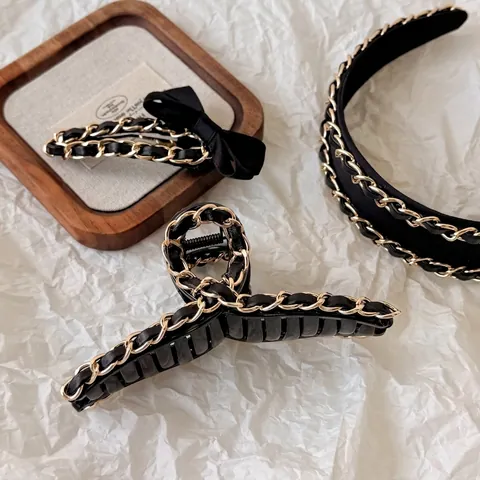Vintage Hepburn Stil Schwarzes Leder Goldkette Haarschmuck Für Damen Eleganter Metall Haarklammer Haarreif Schleife Haarspange